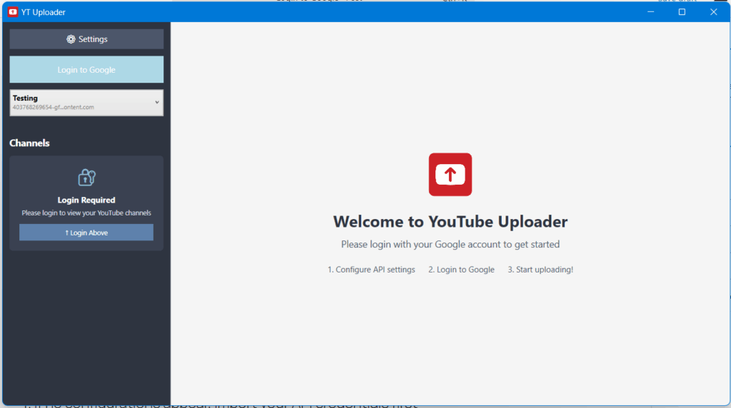 Youtube Uploader start interface
