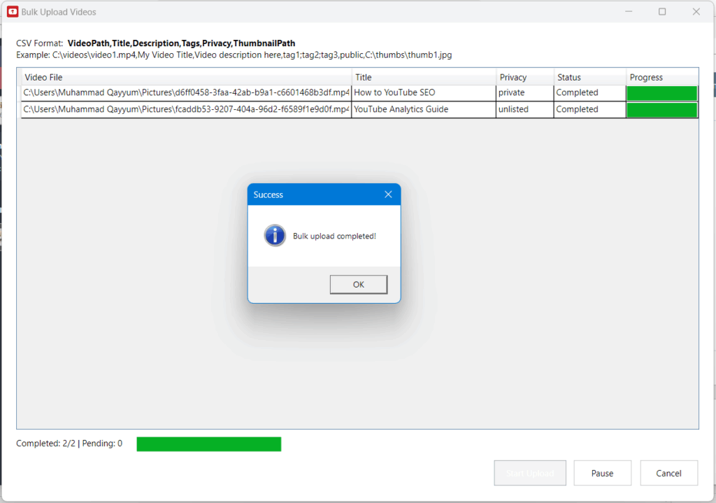 Bulk Youtube Video Upload Complete